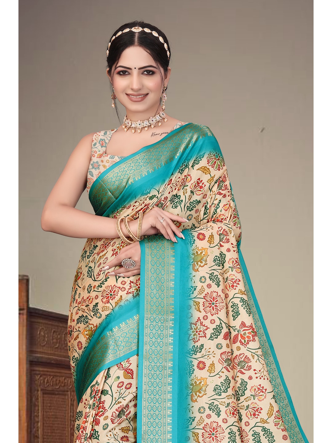 Peachmode Cream Cotton Silk Digital Print Saree with Jacquard Border - Image 10