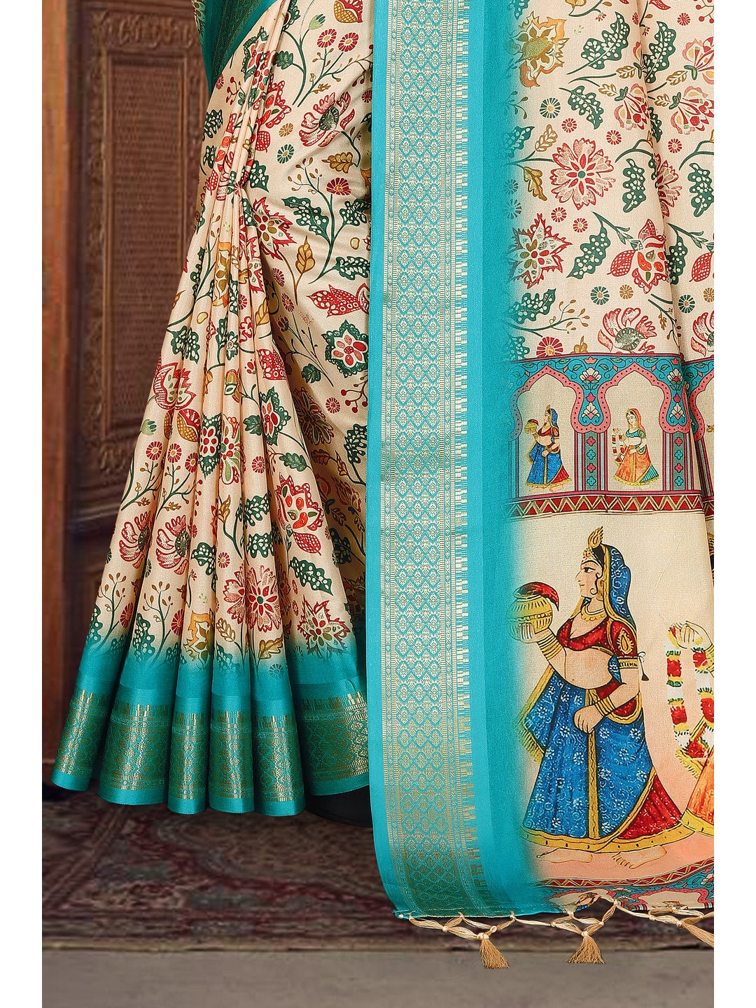 Peachmode Cream Cotton Silk Digital Print Saree with Jacquard Border - Image 11