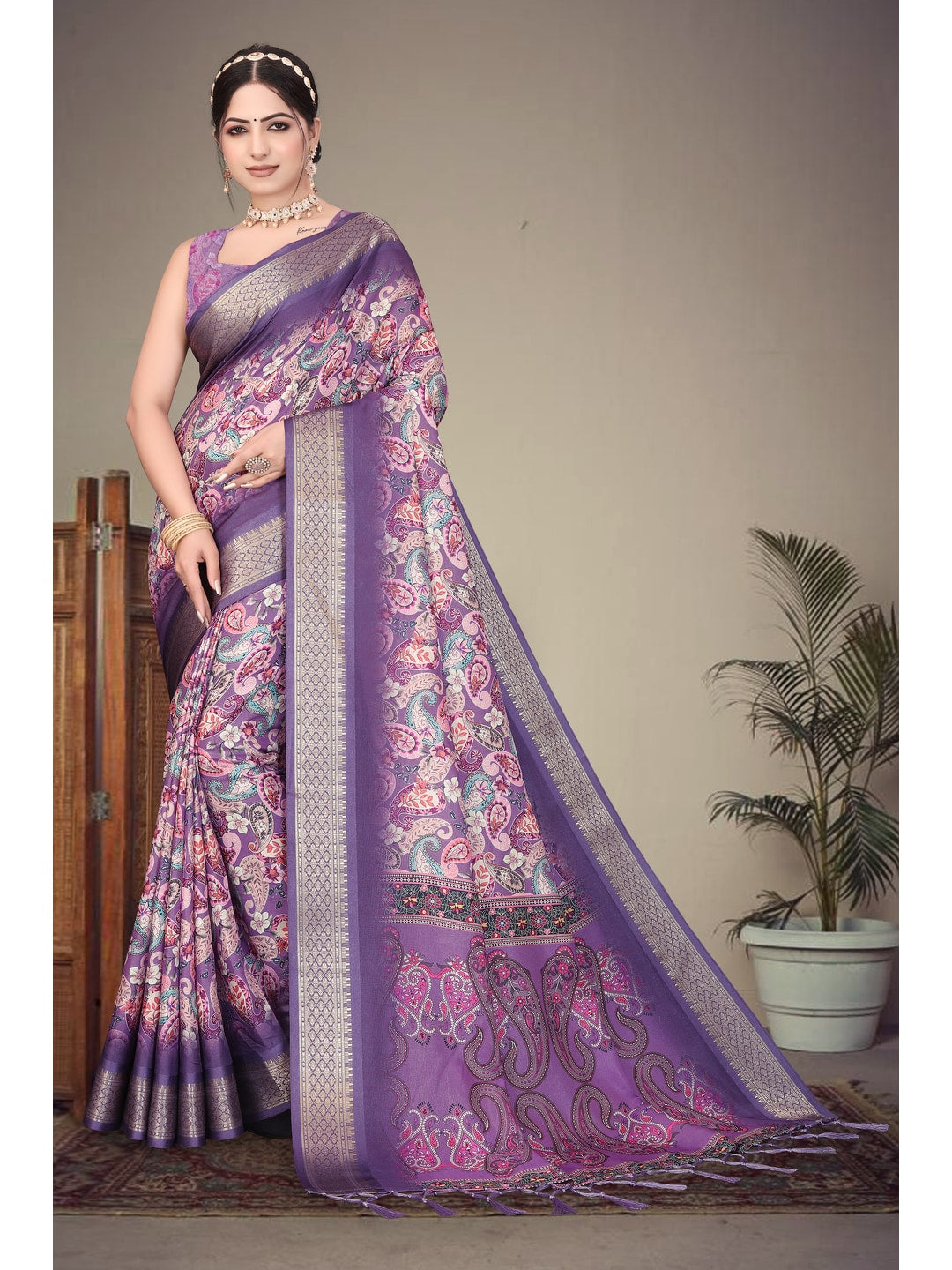 Peachmode Purple Cotton Silk Digital Print Saree with Jacquard Border - Image 5