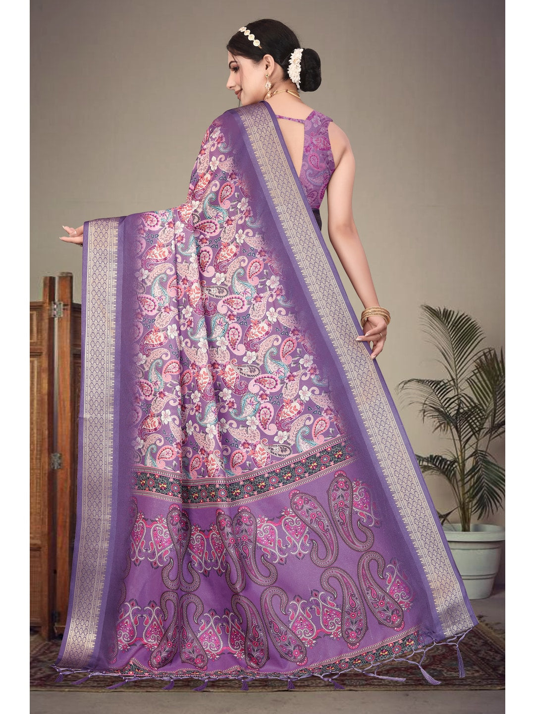 Peachmode Purple Cotton Silk Digital Print Saree with Jacquard Border - Image 6