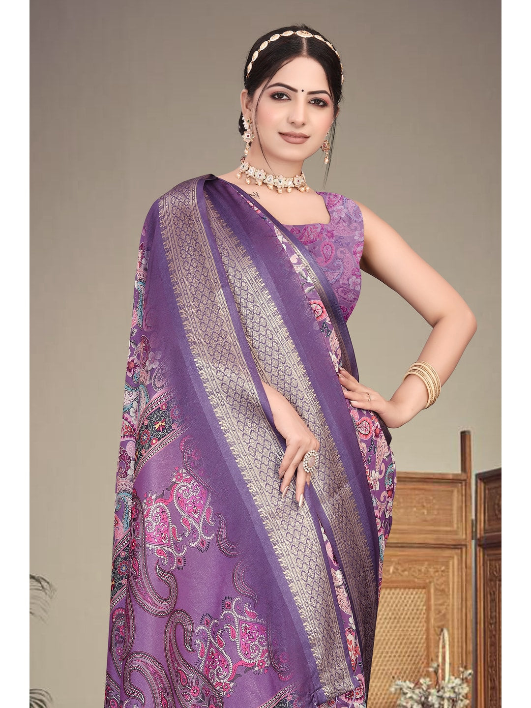 Peachmode Purple Cotton Silk Digital Print Saree with Jacquard Border - Image 7