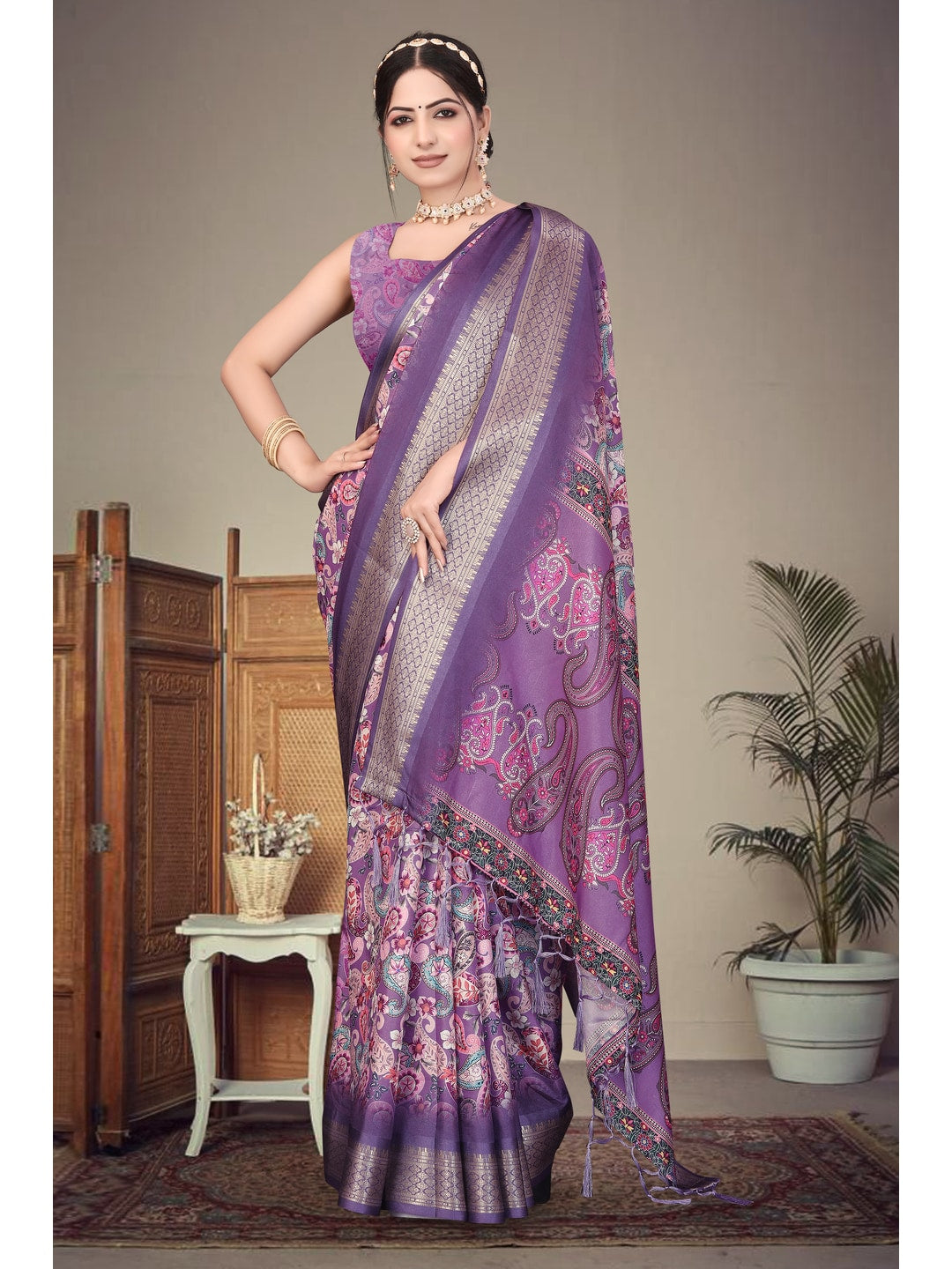 Peachmode Purple Cotton Silk Digital Print Saree with Jacquard Border - Image 8