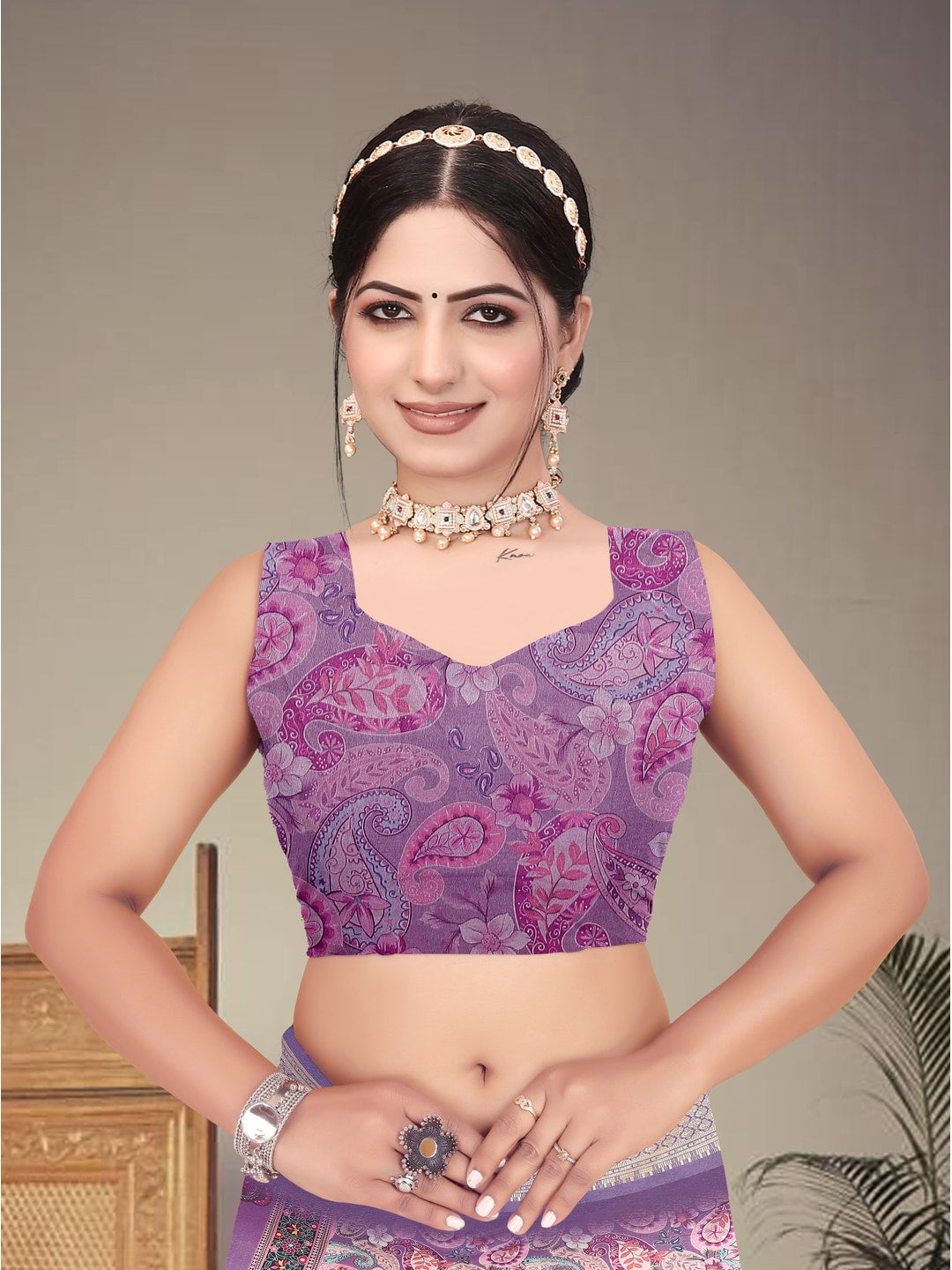 Peachmode Purple Cotton Silk Digital Print Saree with Jacquard Border - Image 9