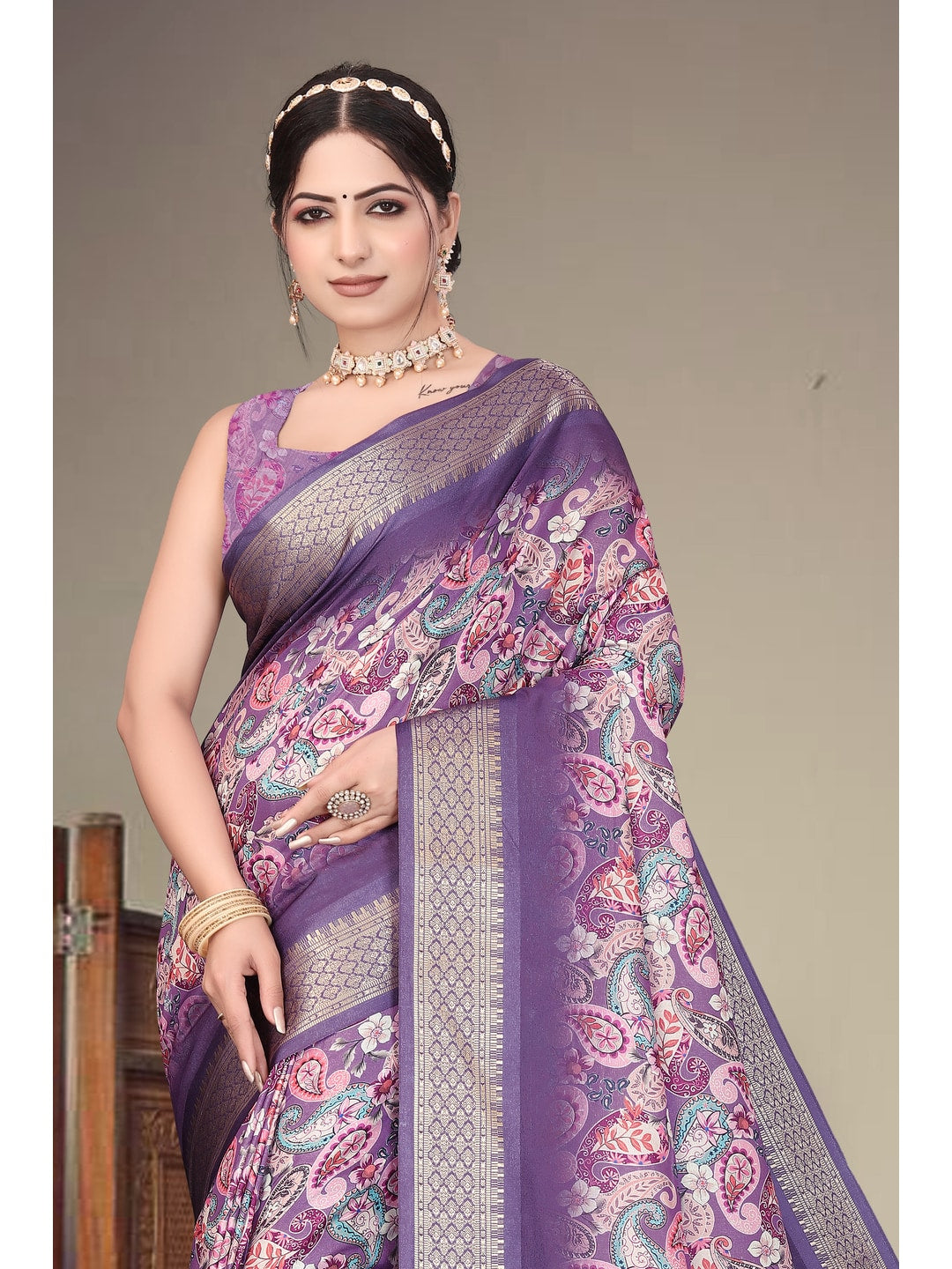 Peachmode Purple Cotton Silk Digital Print Saree with Jacquard Border - Image 10