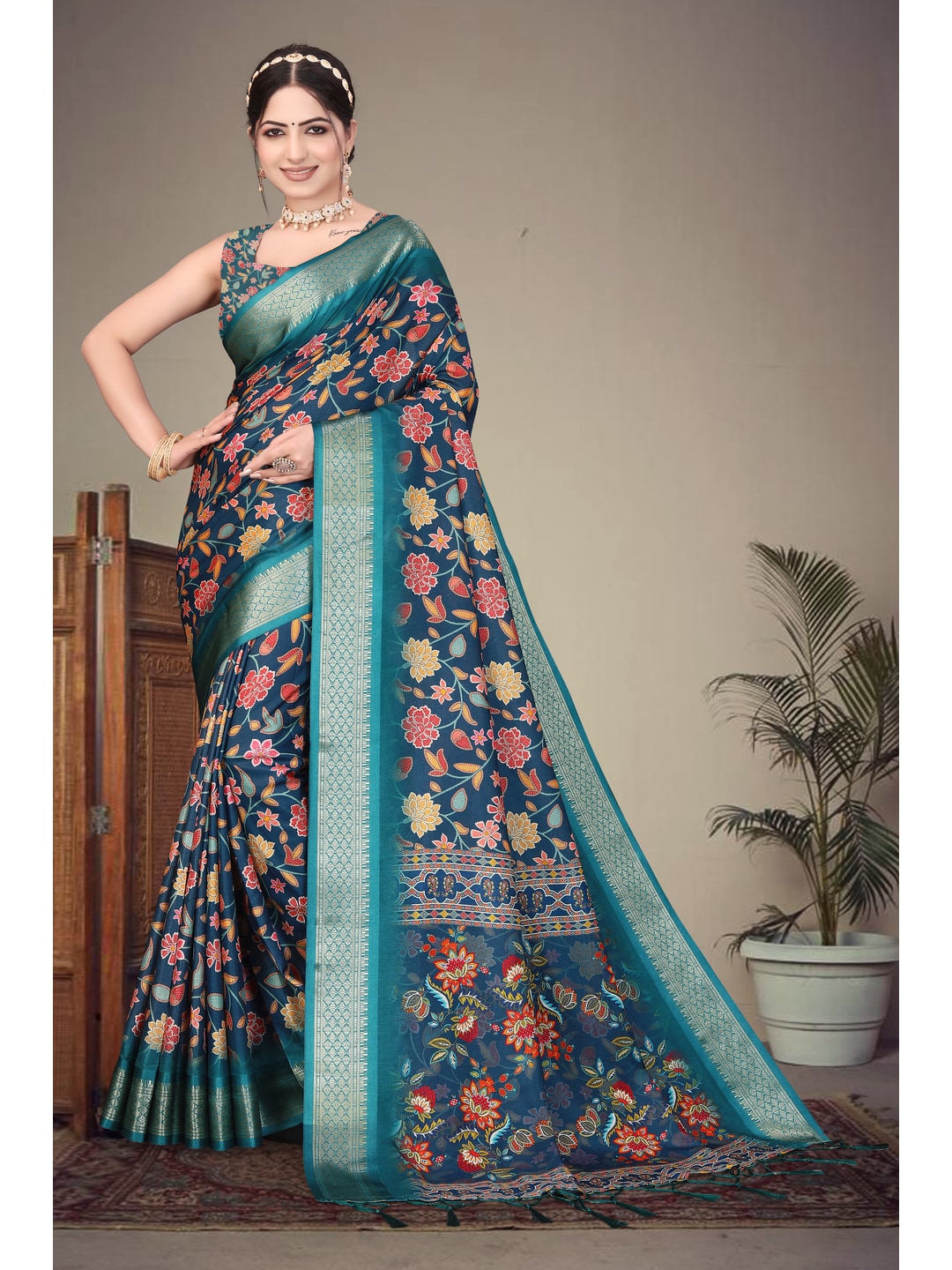 Peachmode Blue Cotton Silk Digital Print Saree with Jacquard Border - Image 5