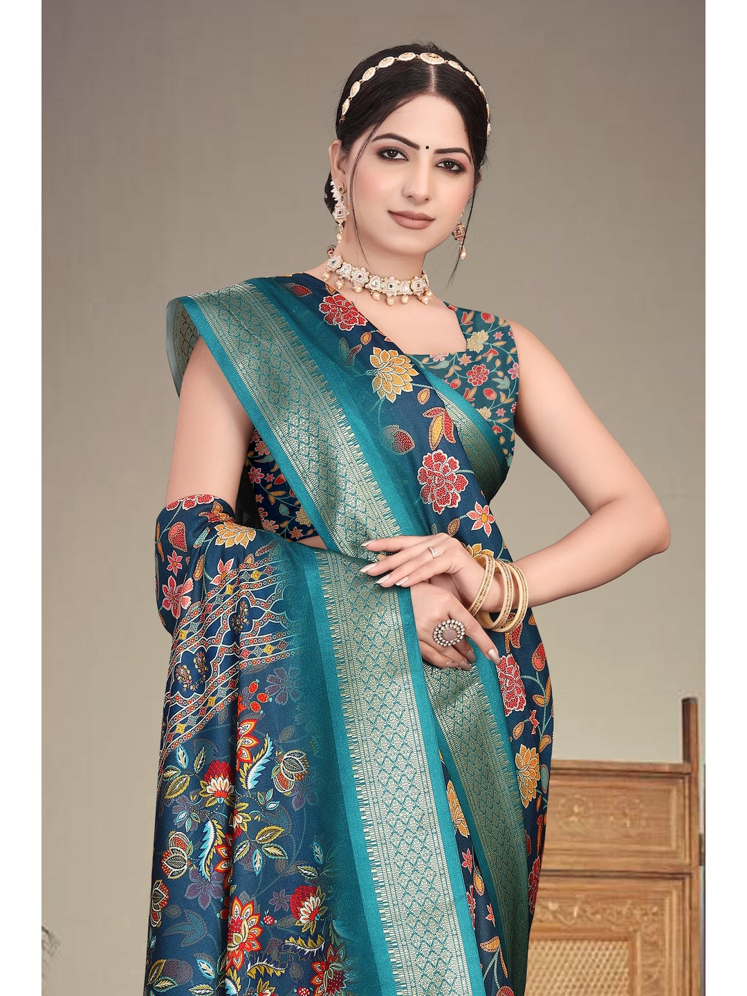Peachmode Blue Cotton Silk Digital Print Saree with Jacquard Border - Image 6