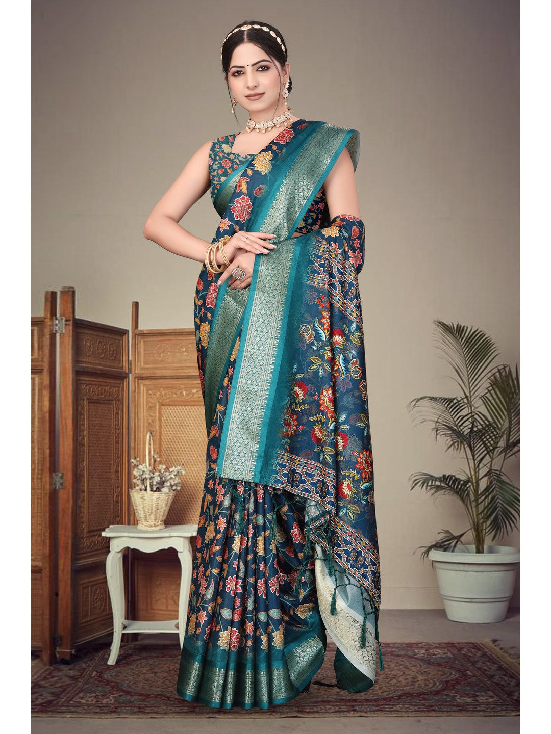 Peachmode Blue Cotton Silk Digital Print Saree with Jacquard Border - Image 7