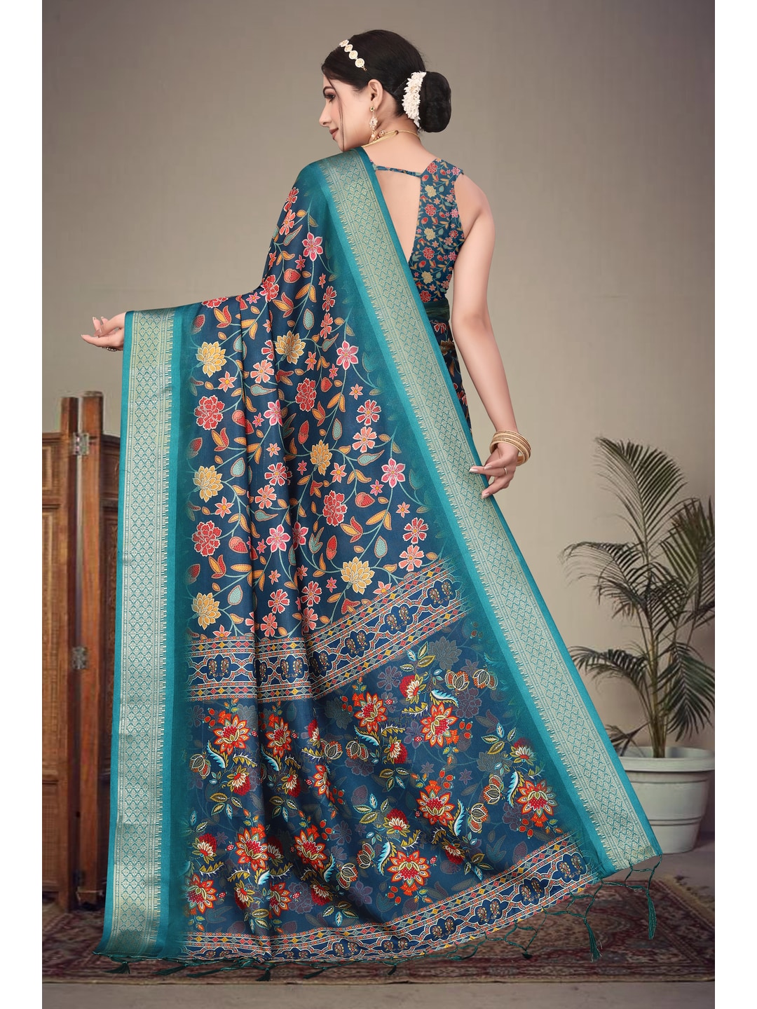 Peachmode Blue Cotton Silk Digital Print Saree with Jacquard Border - Image 8