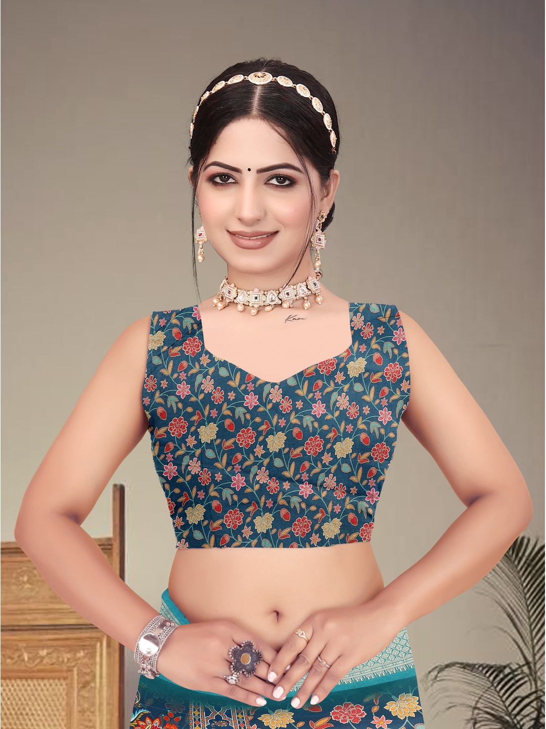 Peachmode Blue Cotton Silk Digital Print Saree with Jacquard Border - Image 9