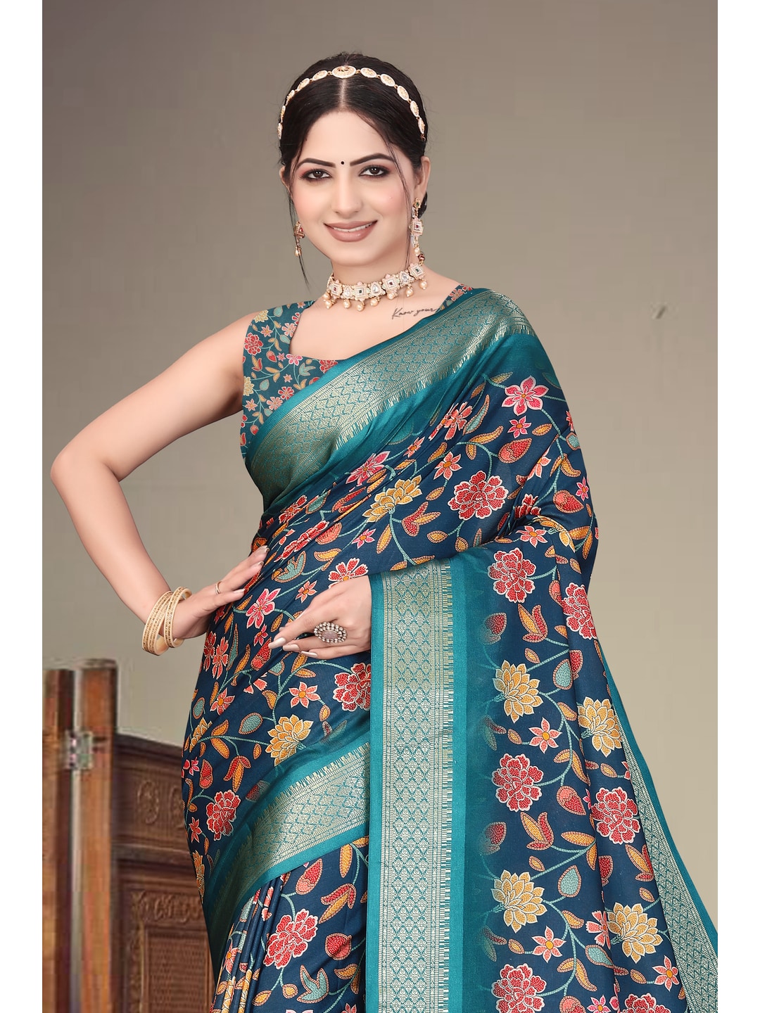 Peachmode Blue Cotton Silk Digital Print Saree with Jacquard Border - Image 10