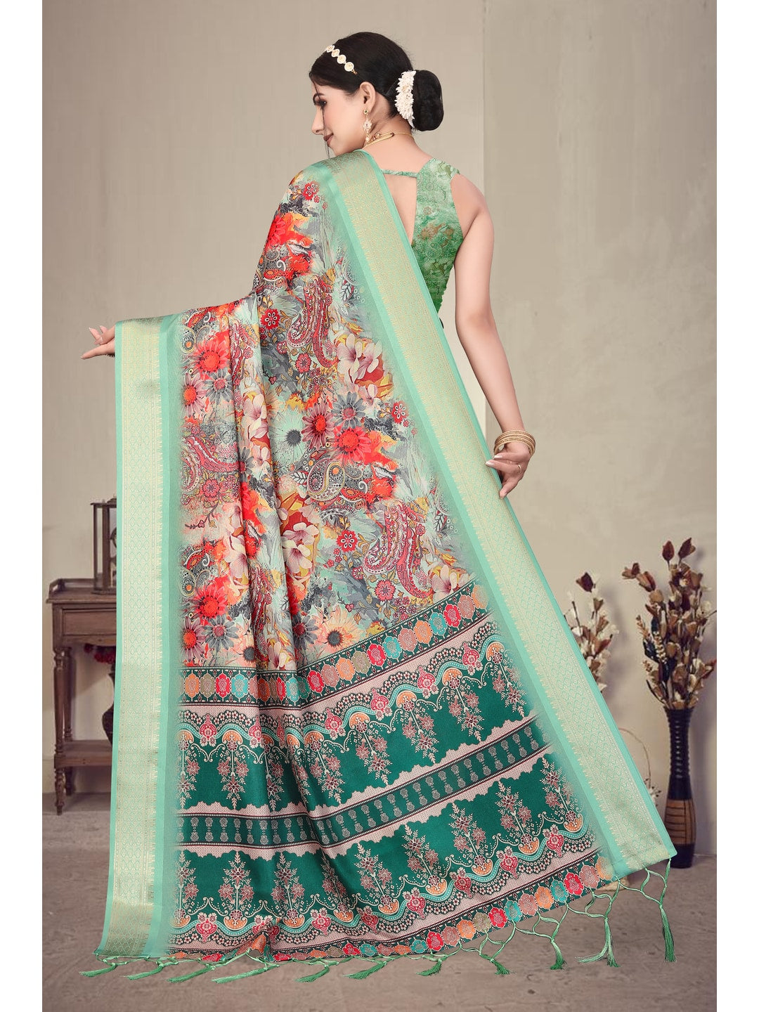 Peachmode Sea Green Cotton Silk Digital Print Saree with Jacquard Border - Image 5