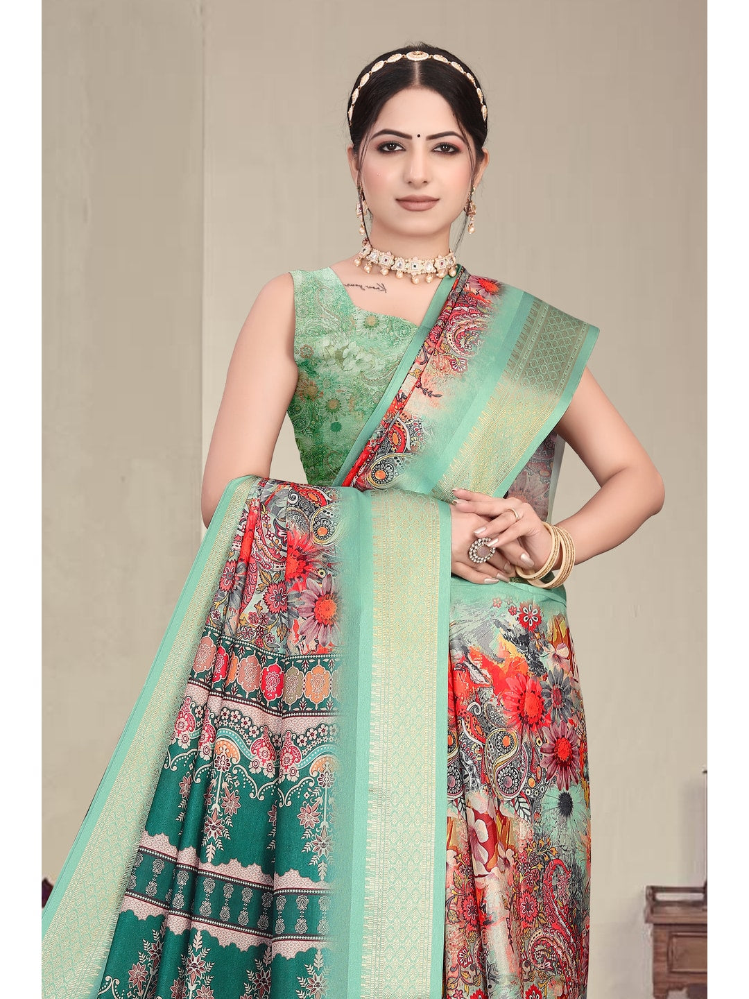 Peachmode Sea Green Cotton Silk Digital Print Saree with Jacquard Border - Image 6