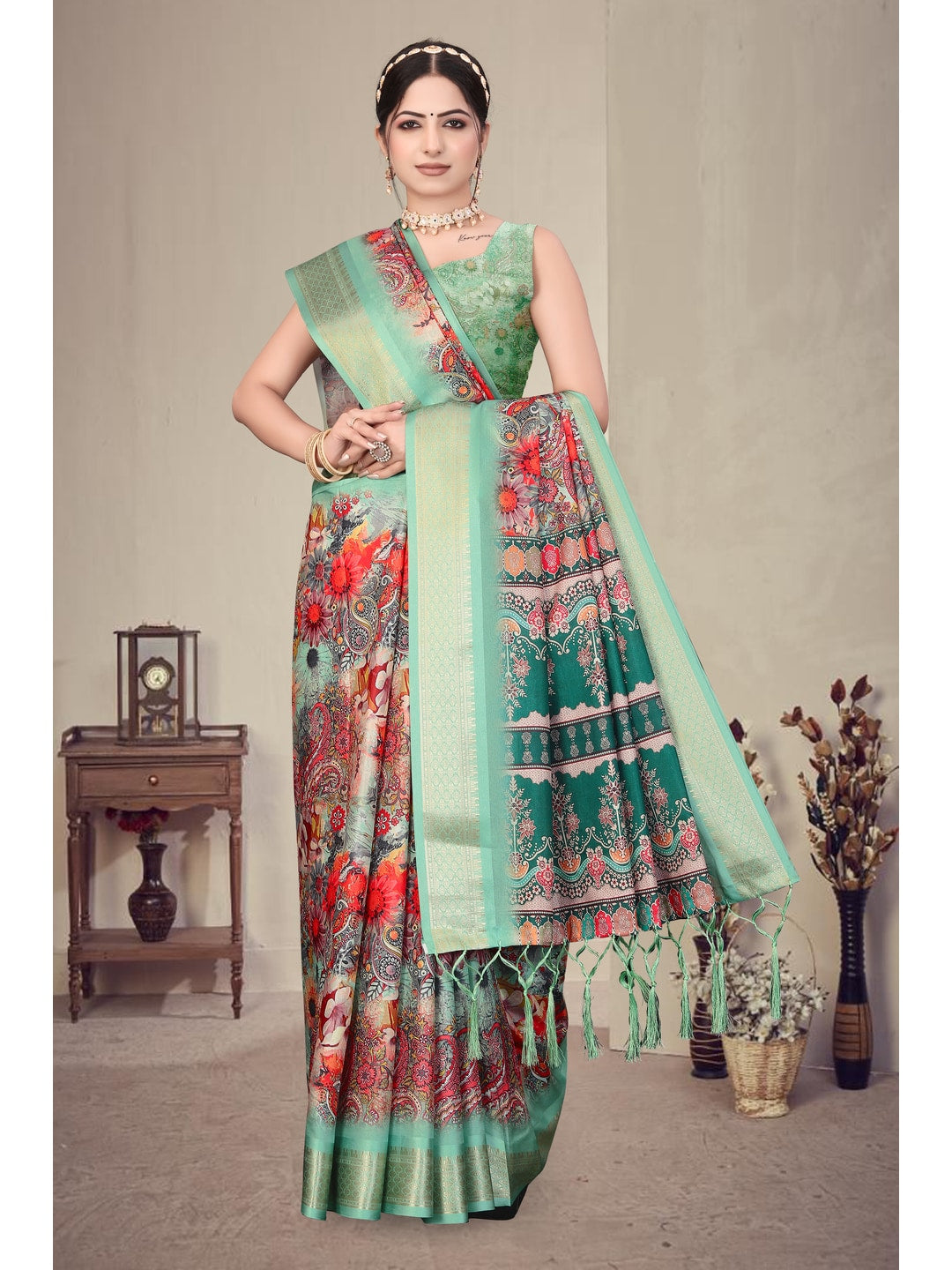 Peachmode Sea Green Cotton Silk Digital Print Saree with Jacquard Border - Image 7