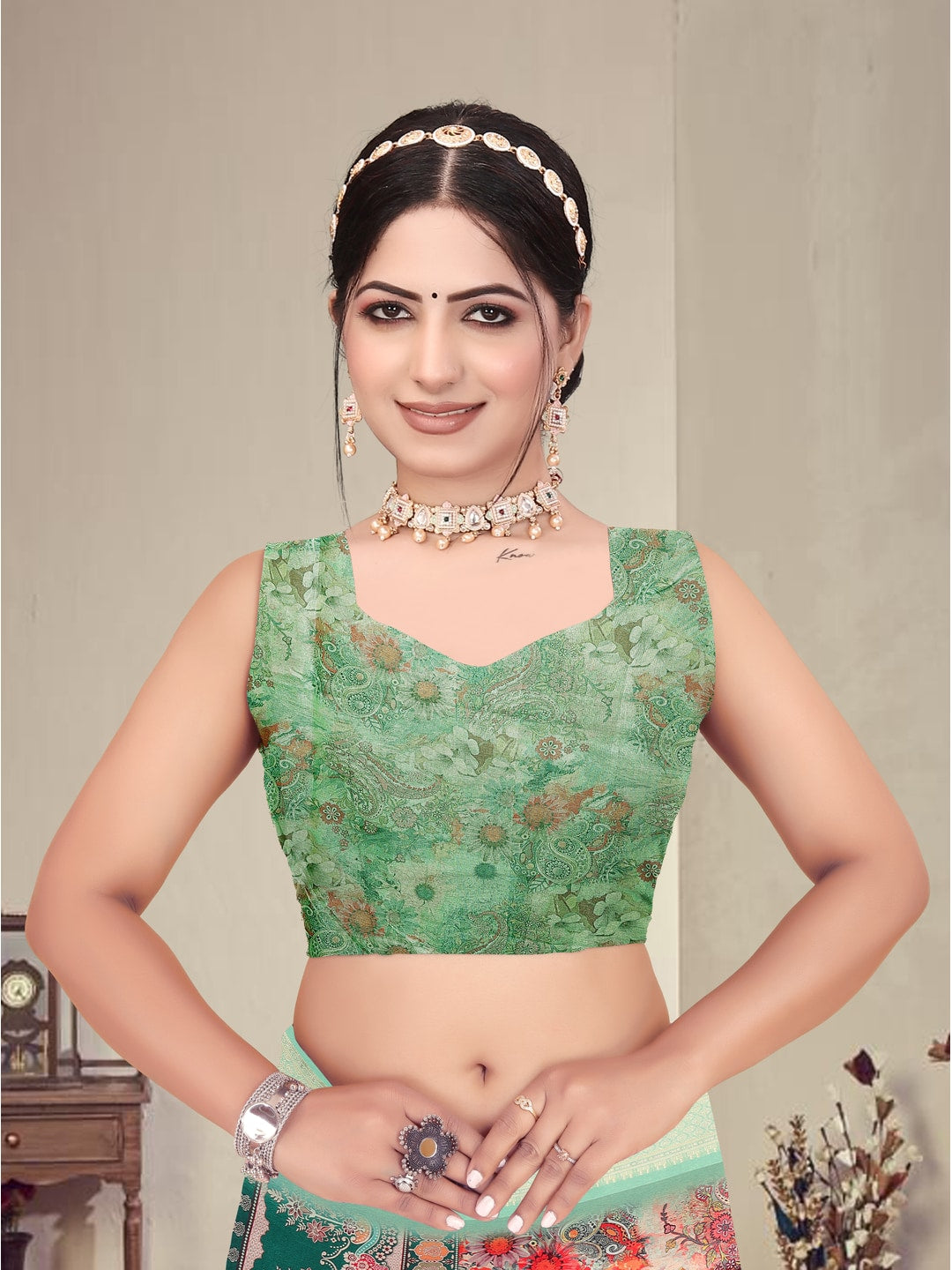 Peachmode Sea Green Cotton Silk Digital Print Saree with Jacquard Border - Image 8