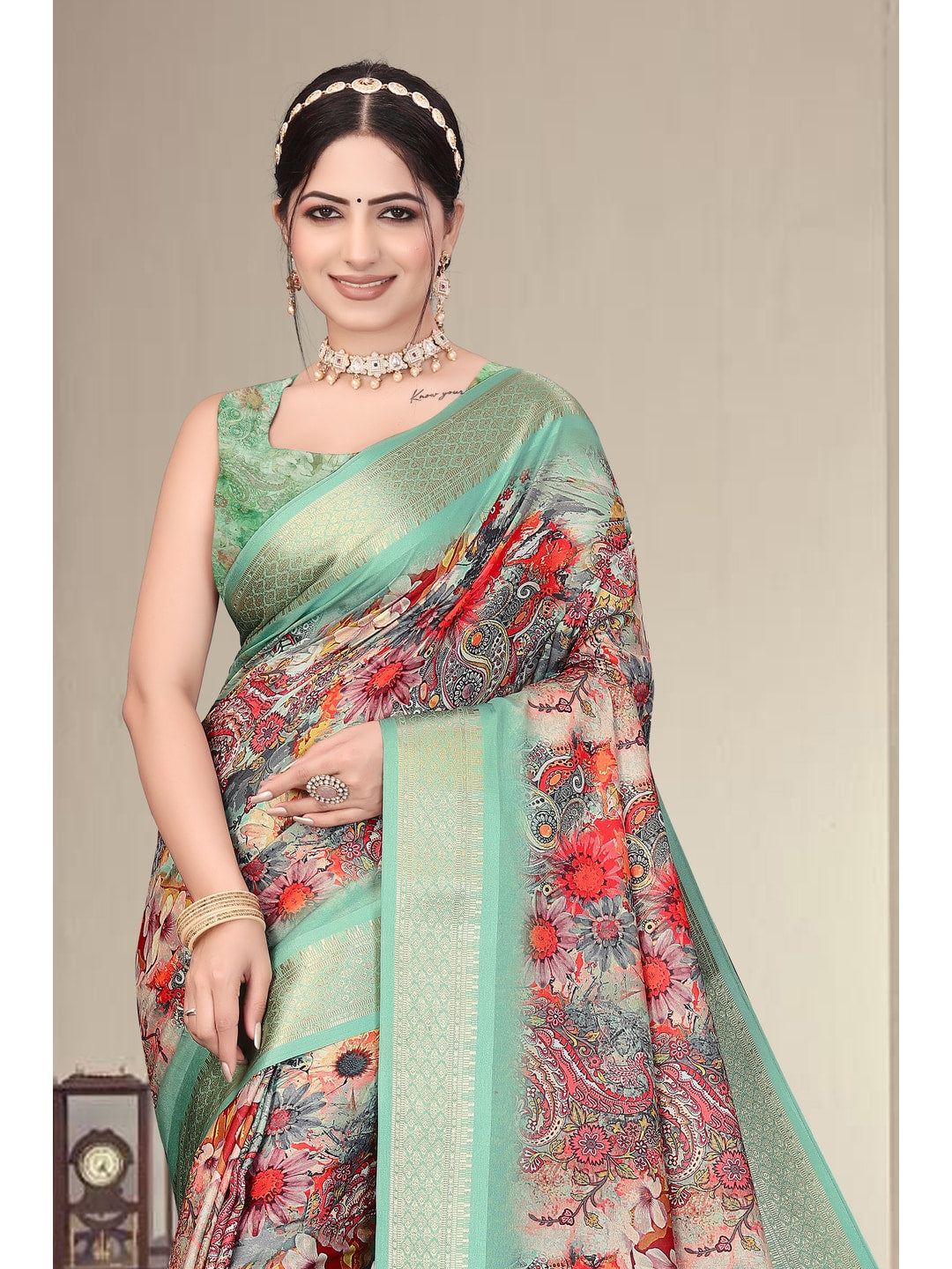 Peachmode Sea Green Cotton Silk Digital Print Saree with Jacquard Border - Image 9