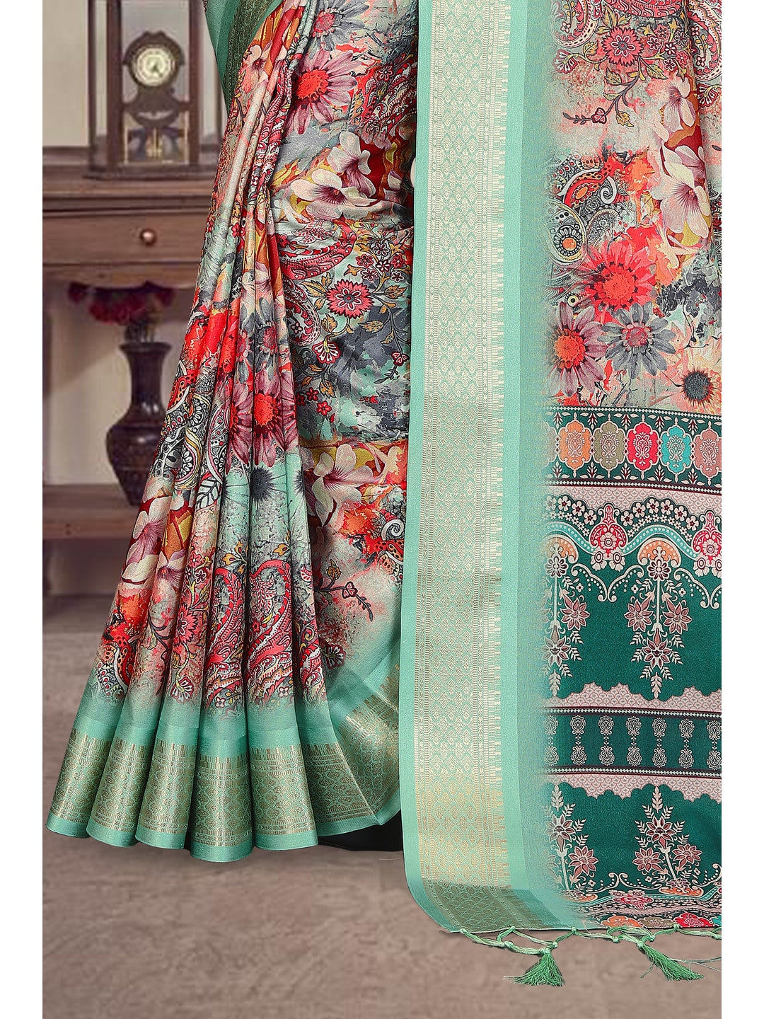Peachmode Sea Green Cotton Silk Digital Print Saree with Jacquard Border - Image 10