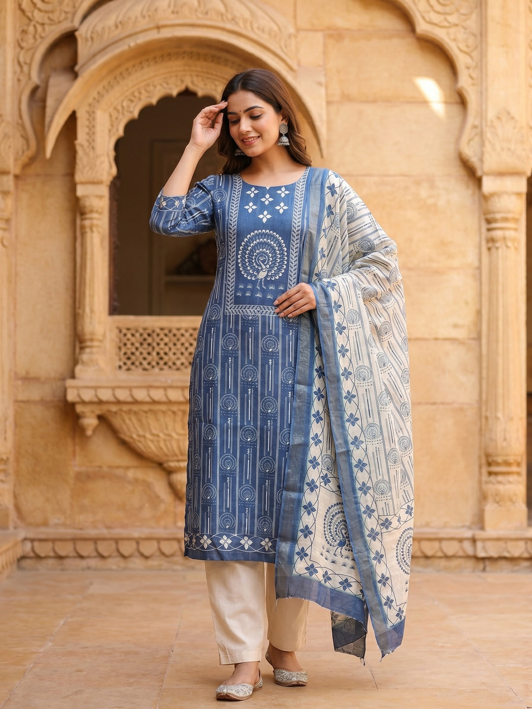Elegant Blue Linen Unstitched Dress Material with Traditional Print - Image 2