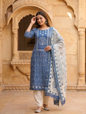 Elegant Blue Linen Unstitched Dress Material with Traditional Print - Image 1