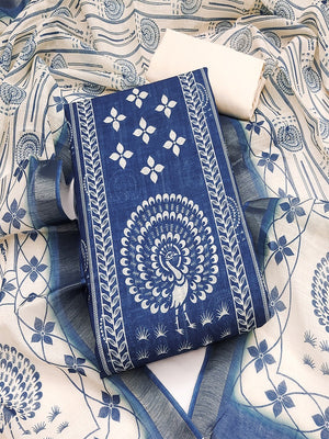 Elegant Blue Linen Unstitched Dress Material with Traditional Print - Image 2