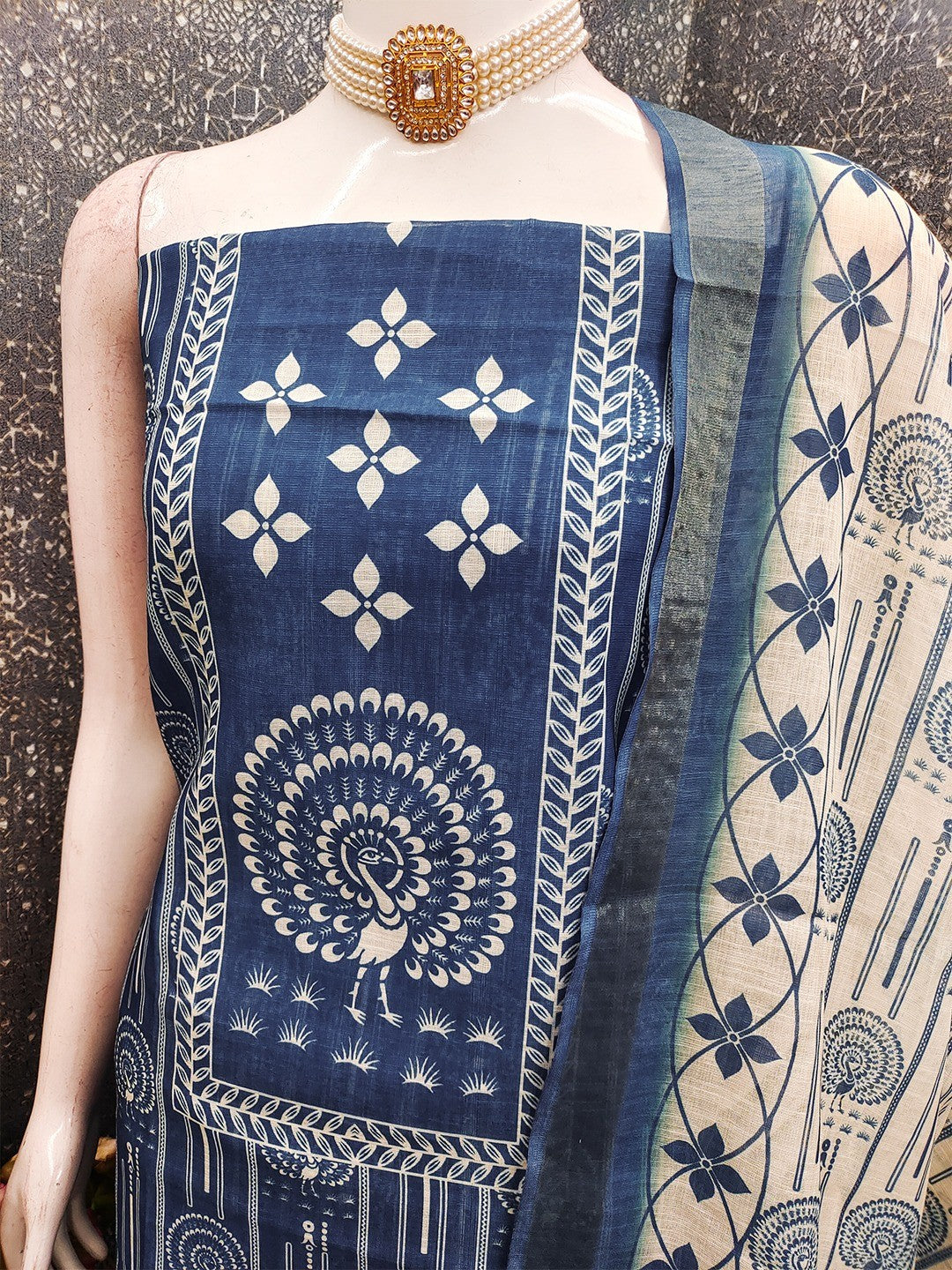Elegant Blue Linen Unstitched Dress Material with Traditional Print - Image 4