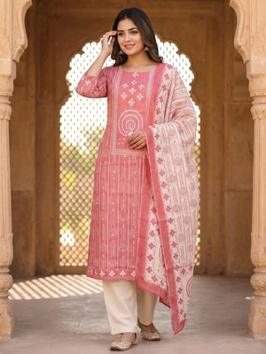 Elegant Gajri Pink Linen Unstitched Dress Material with Traditional Print - Image 2