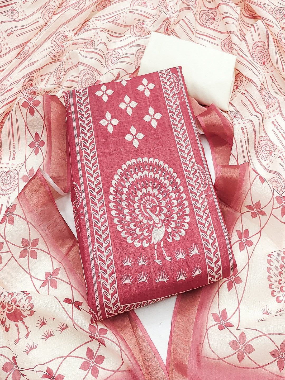Elegant Gajri Pink Linen Unstitched Dress Material with Traditional Print - Image 1