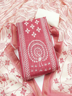 Elegant Gajri Pink Linen Unstitched Dress Material with Traditional Print - Image 1