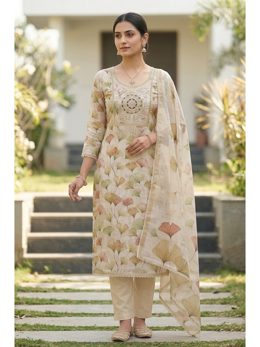 Peachmode Cream Pure Cotton Lilian Dress Material with Embroidered Dupatta - Image 2