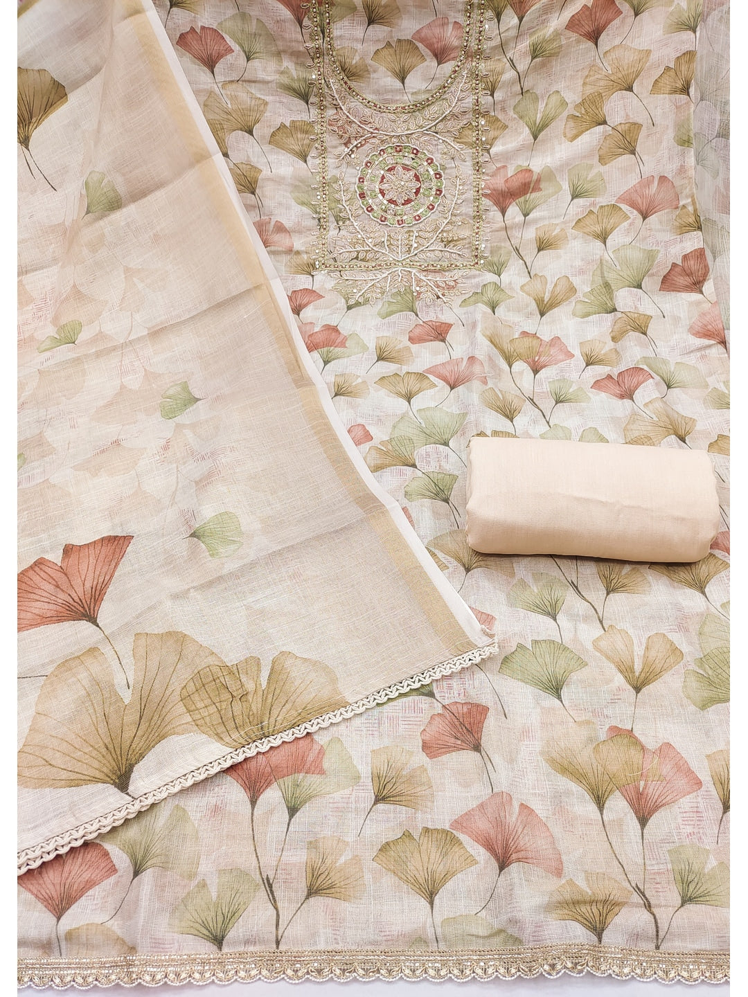 Peachmode Cream Pure Cotton Lilian Dress Material with Embroidered Dupatta - Image 4