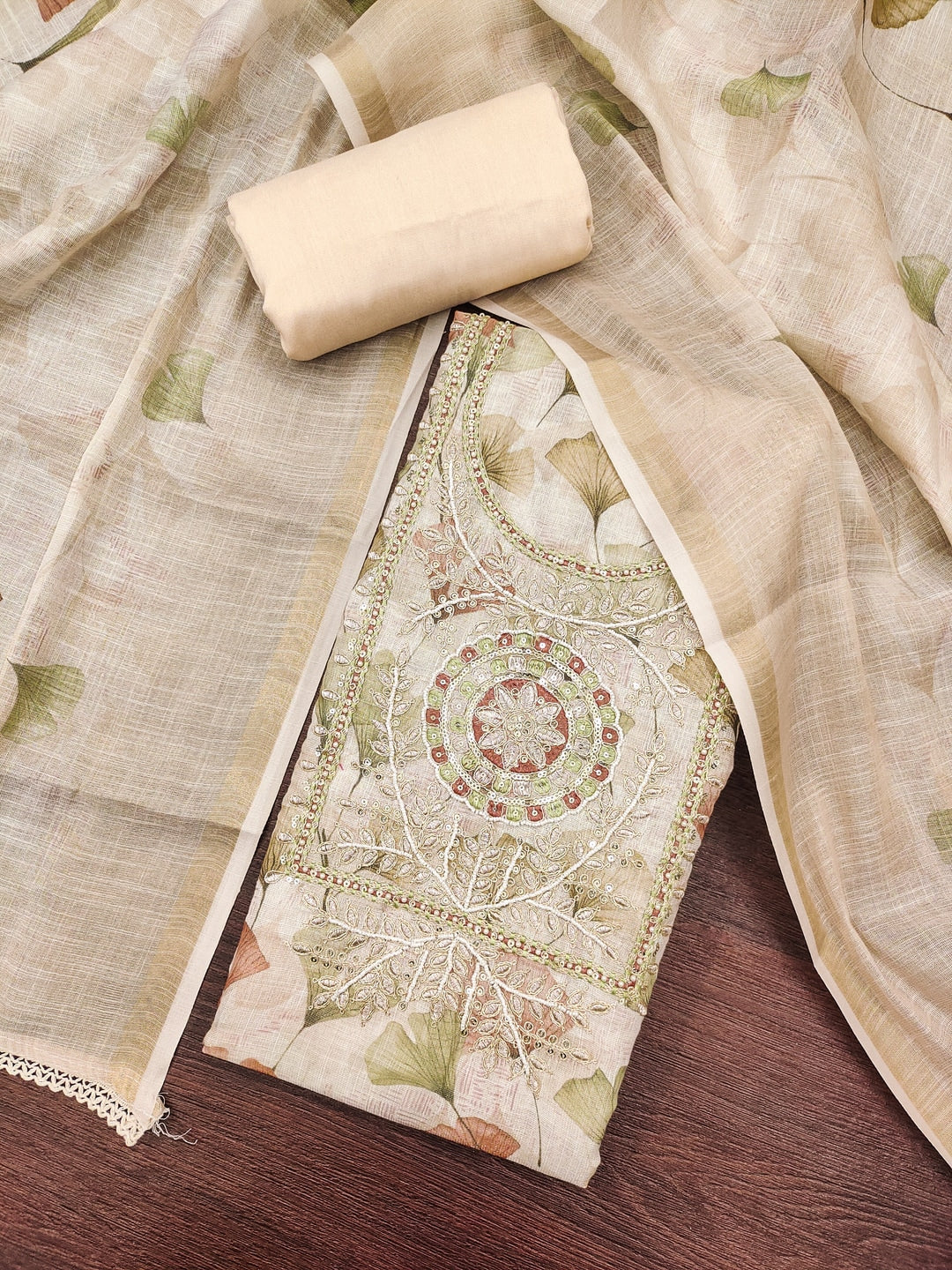 Peachmode Cream Pure Cotton Lilian Dress Material with Embroidered Dupatta - Image 5
