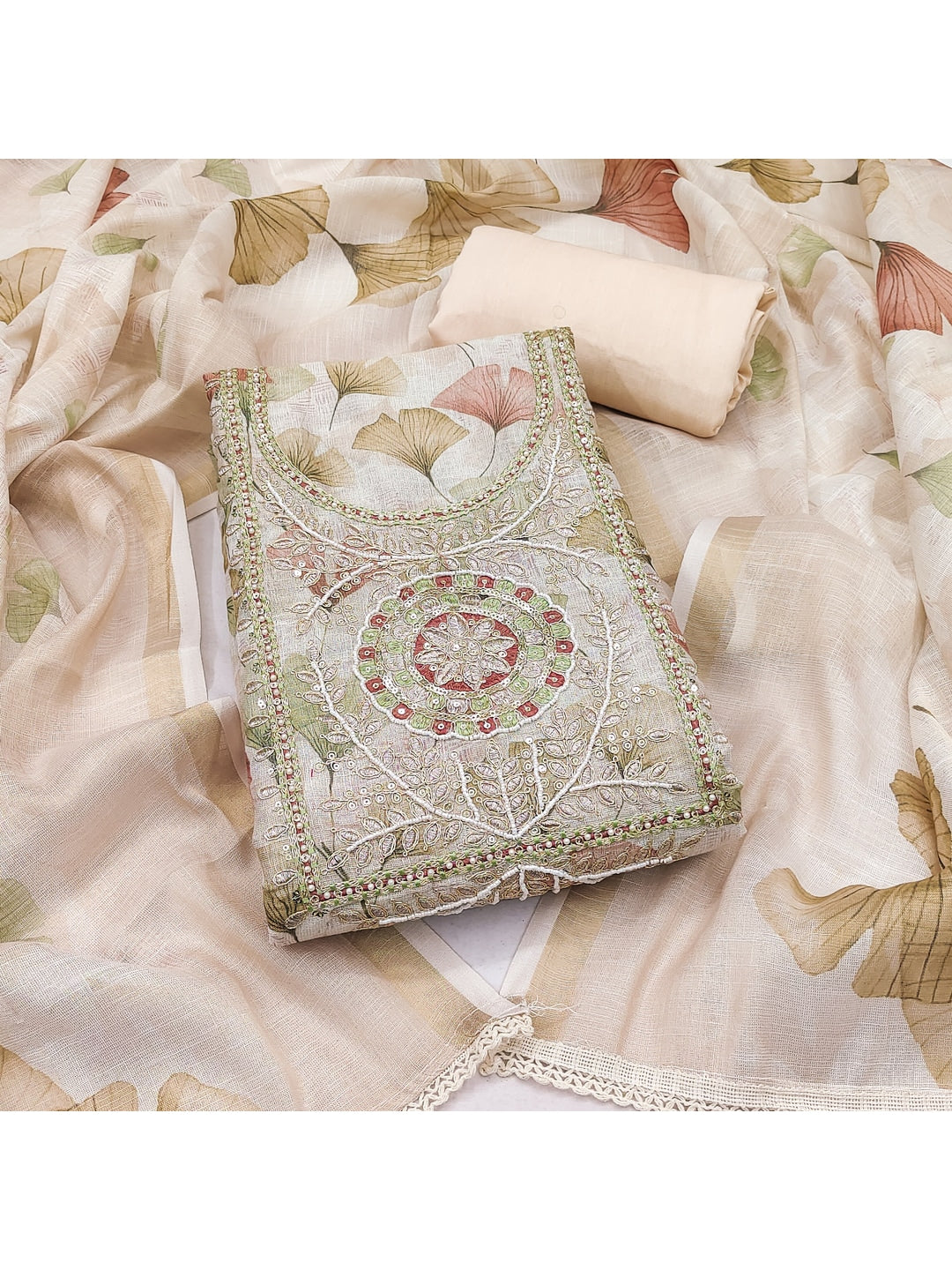 Peachmode Cream Pure Cotton Lilian Dress Material with Embroidered Dupatta - Image 6