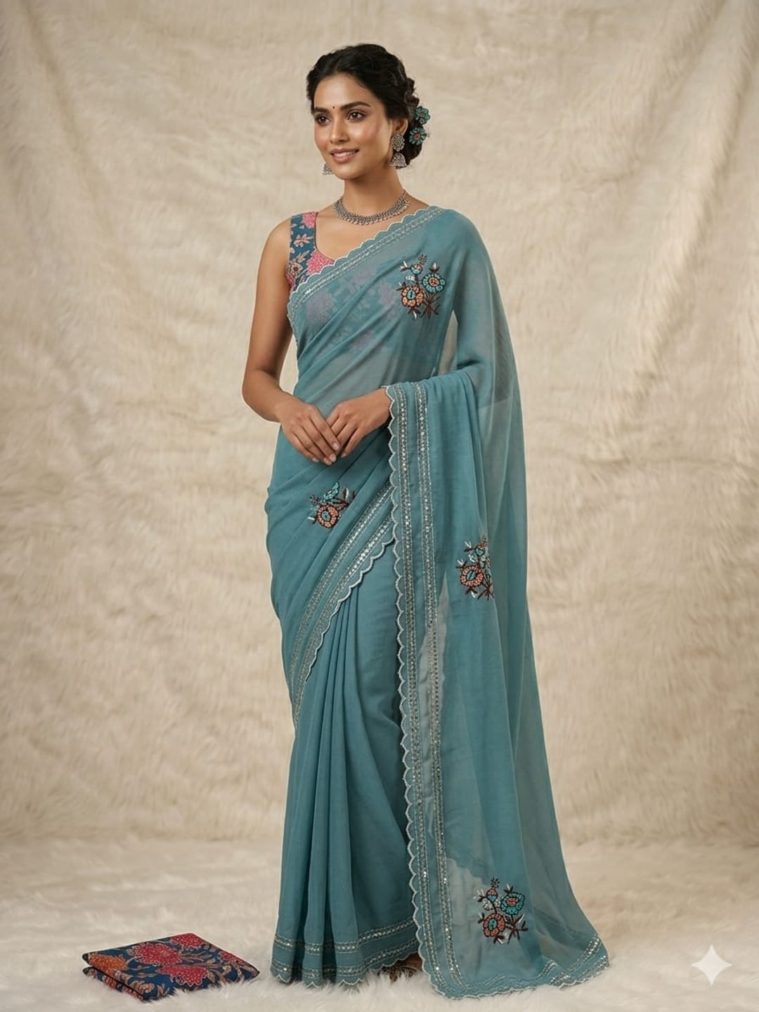 Peachmode Blue Tana Bana Saree with Multi Embroidery Work - Image 1