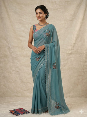 Peachmode Blue Tana Bana Saree with Multi Embroidery Work - Image 1
