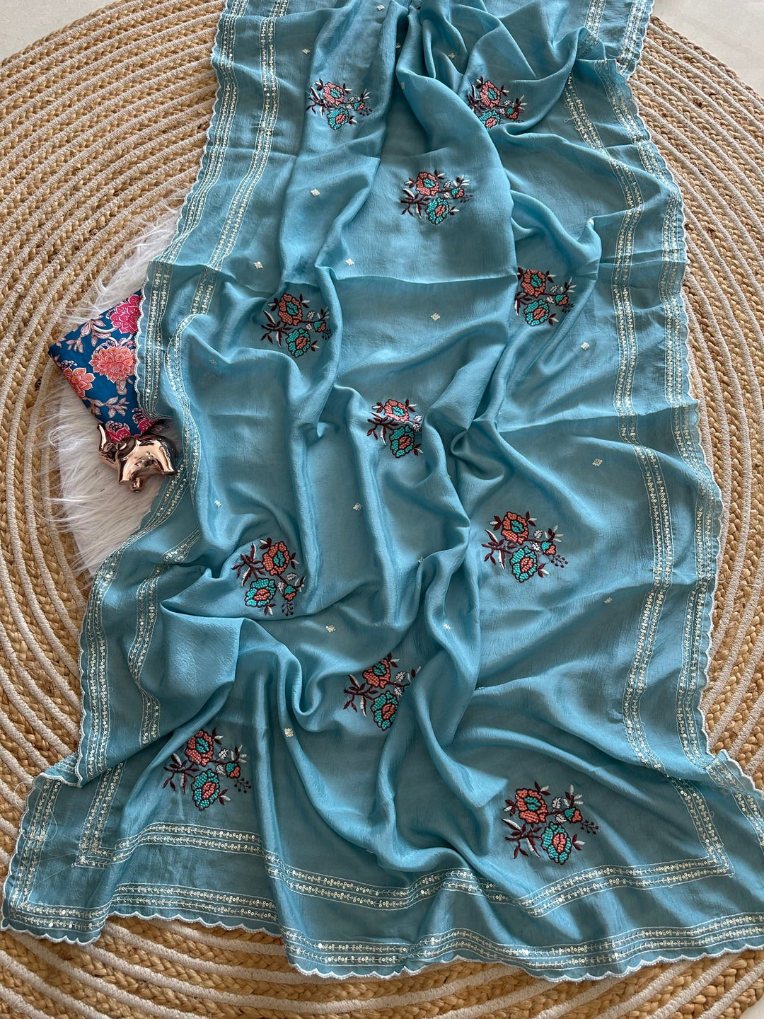 Peachmode Blue Tana Bana Saree with Multi Embroidery Work - Image 2