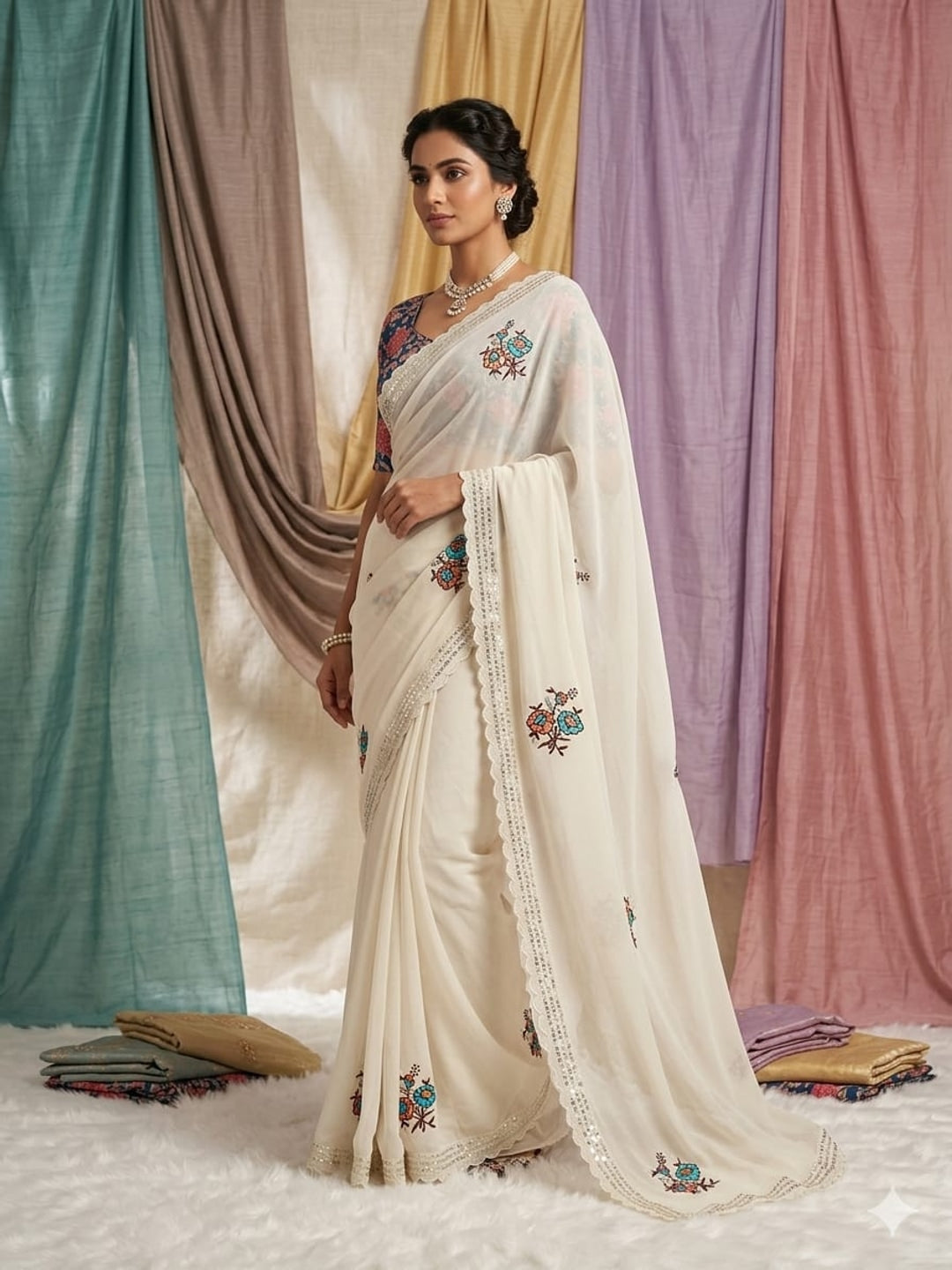 Peachmode White Tana Bana Saree with Multi Embroidery Work - Image 1