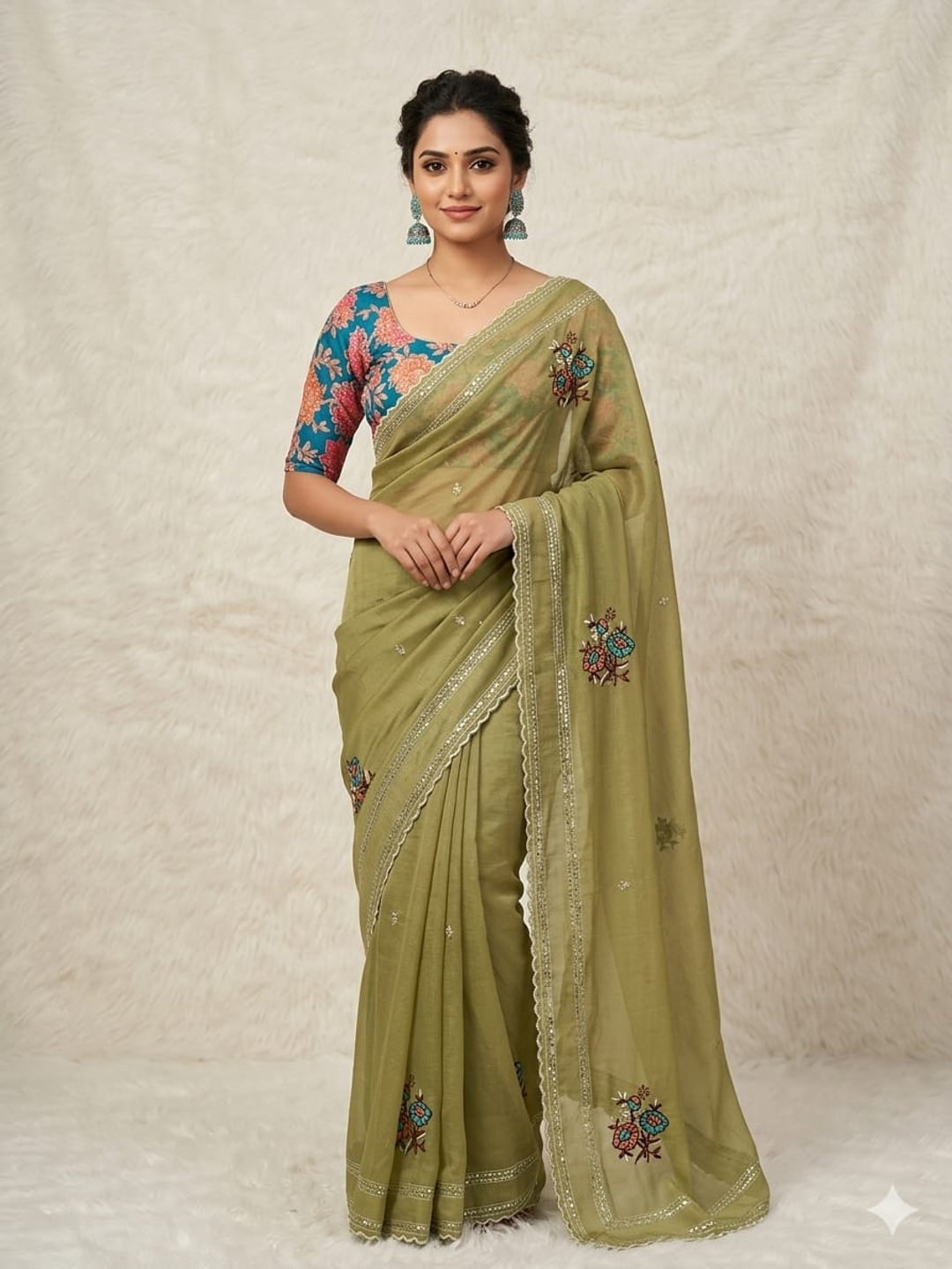 Peachmode Olive Tana Bana Saree with Multi Embroidery Work - Image 1