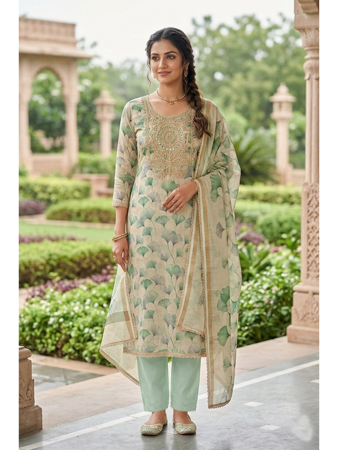Peachmode Sea Green Pure Cotton Lilian Dress Material with Embroidered Dupatta - Image 2