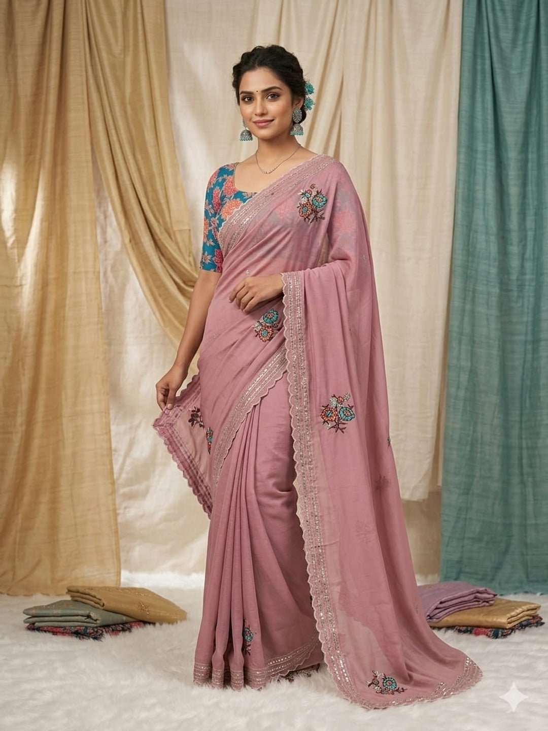 Peachmode Pink Tana Bana Saree with Multi Embroidery Work - Image 1