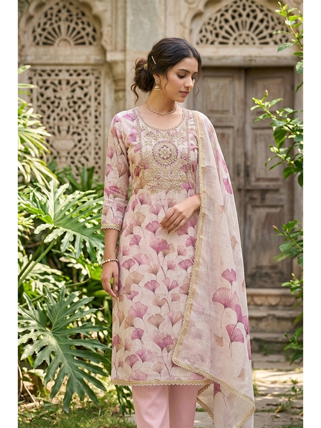 Peachmode Pink Pure Cotton Lilian Dress Material with Embroidered Dupatta - Image 2