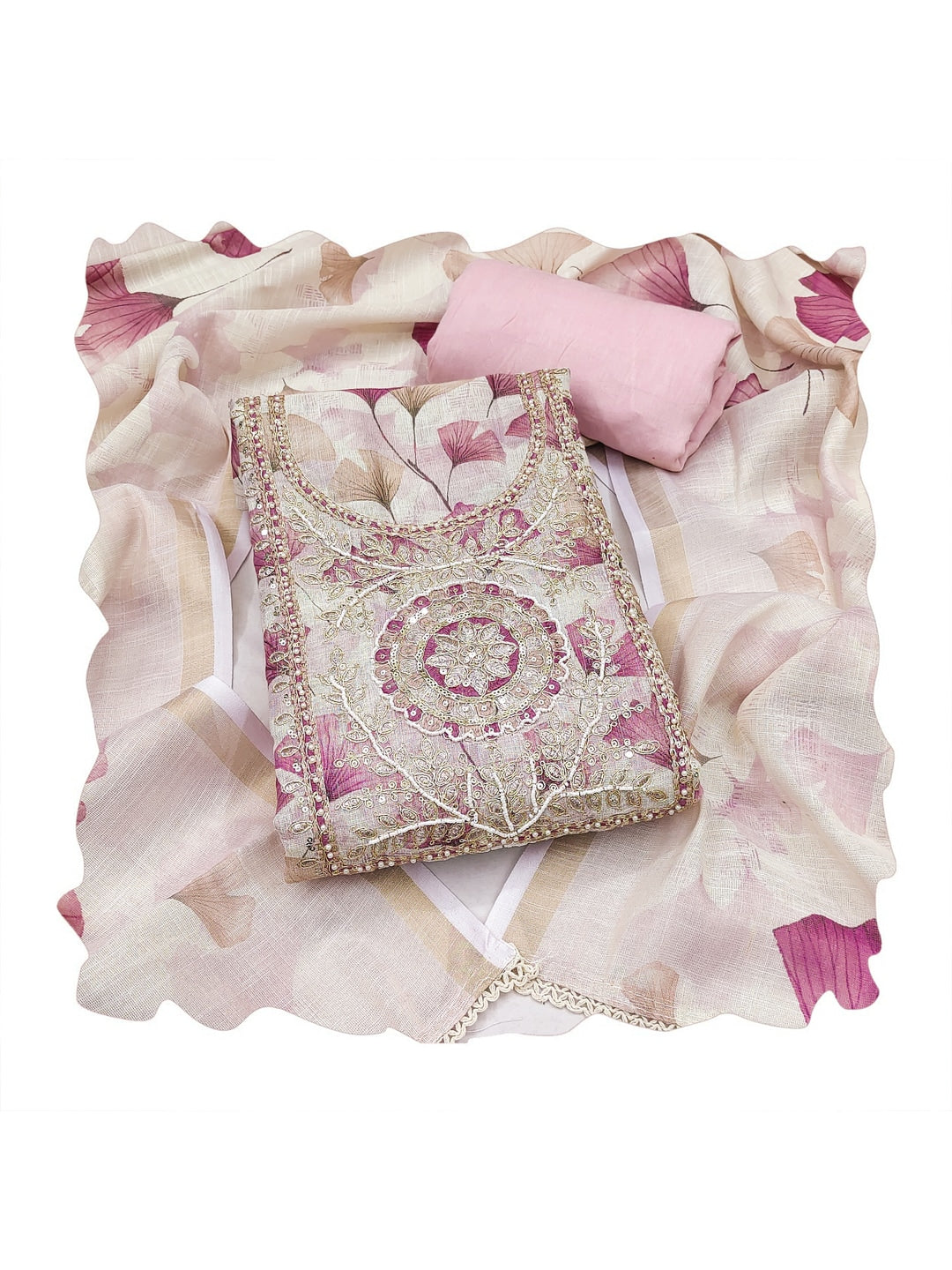 Peachmode Pink Pure Cotton Lilian Dress Material with Embroidered Dupatta - Image 1