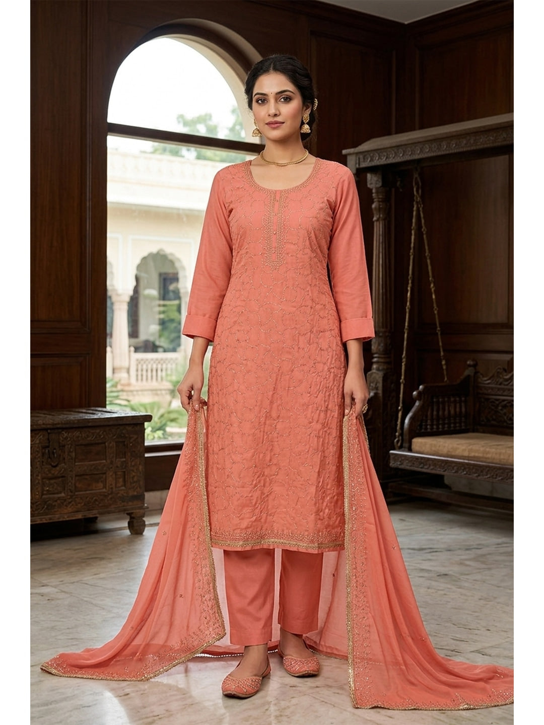 Peachmode Peach Jam Cotton Dress Material with Embroidered Dupatta - Image 2
