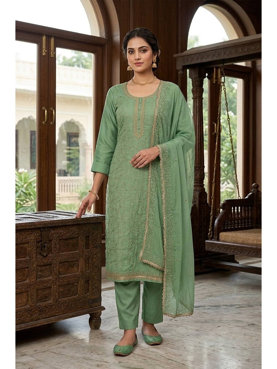 Peachmode Sea Green Jam Cotton Dress Material with Embroidered Dupatta - Image 2