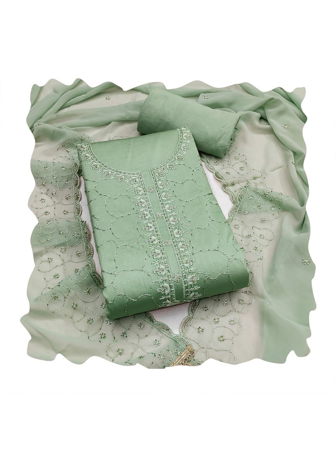 Peachmode Sea Green Jam Cotton Dress Material with Embroidered Dupatta - Image 3