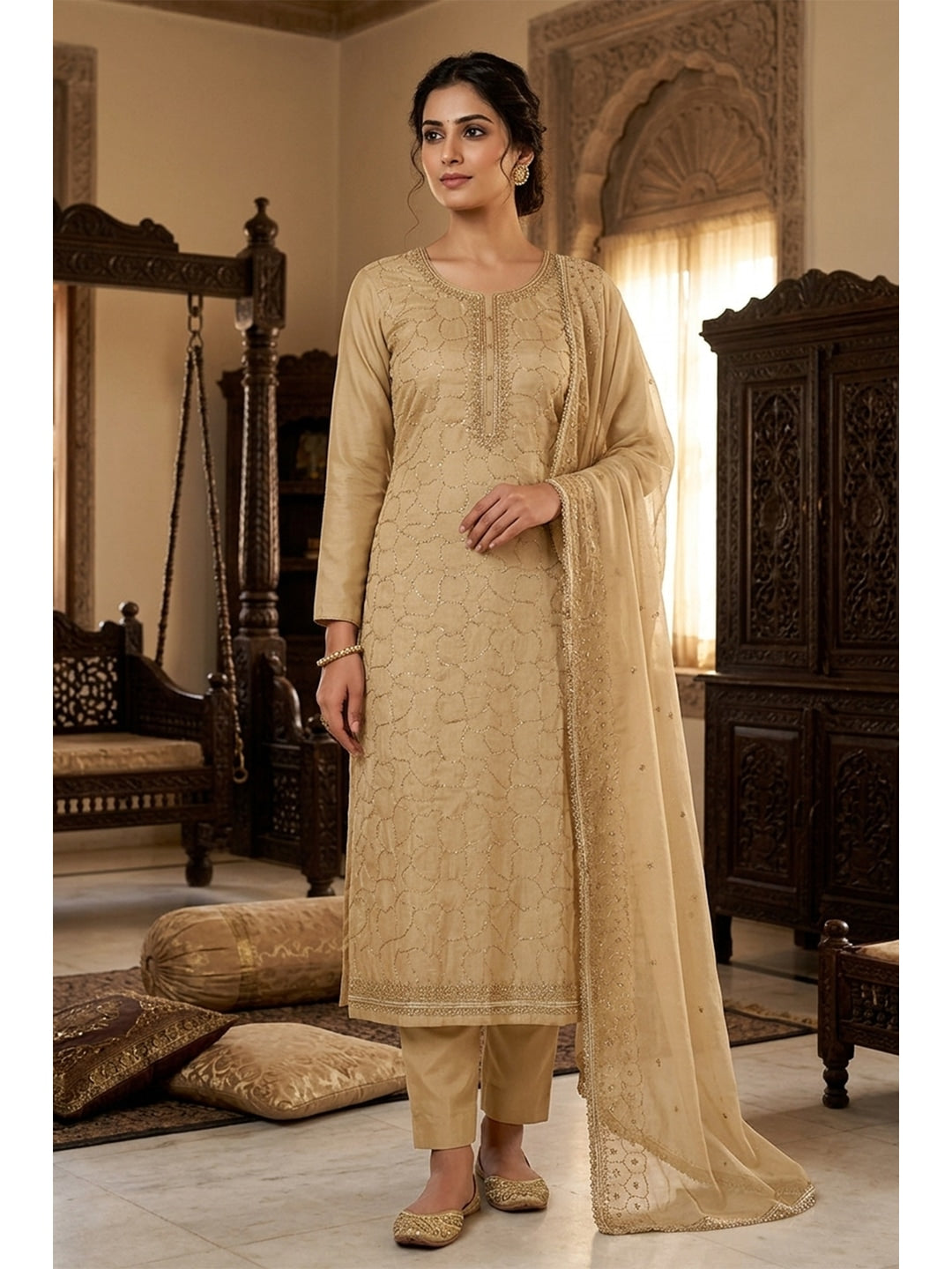 Peachmode Khaki Jam Cotton Dress Material with Embroidered Dupatta - Image 2