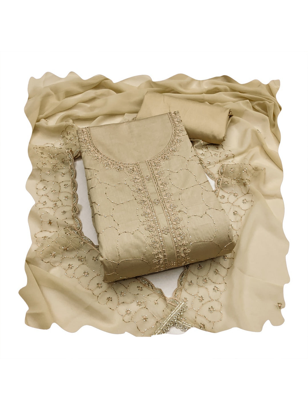 Peachmode Khaki Jam Cotton Dress Material with Embroidered Dupatta - Image 3