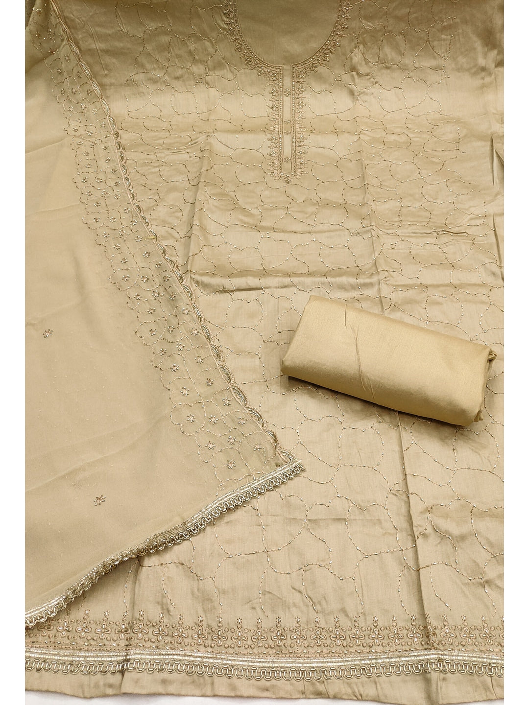 Peachmode Khaki Jam Cotton Dress Material with Embroidered Dupatta - Image 4