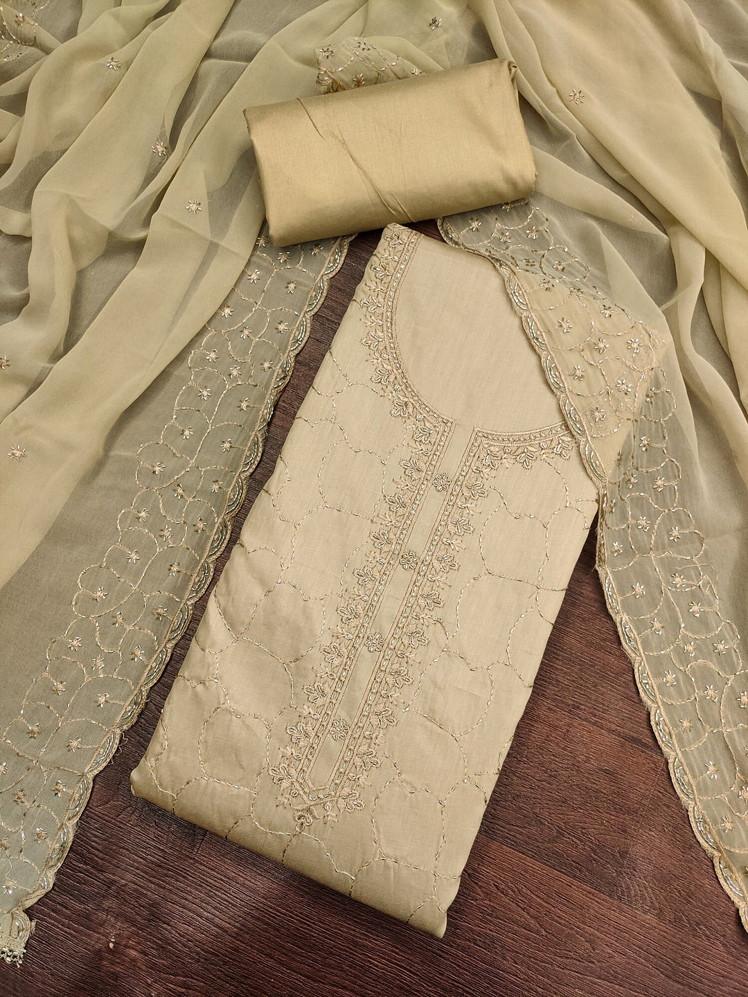 Peachmode Khaki Jam Cotton Dress Material with Embroidered Dupatta - Image 1