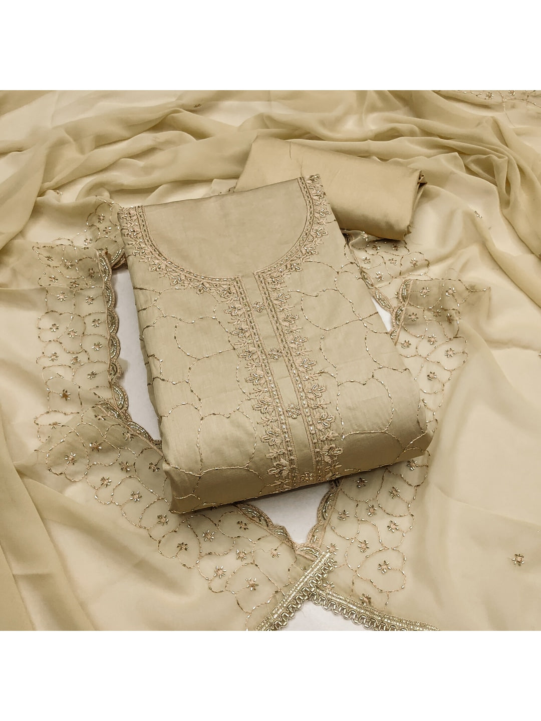 Peachmode Khaki Jam Cotton Dress Material with Embroidered Dupatta - Image 5