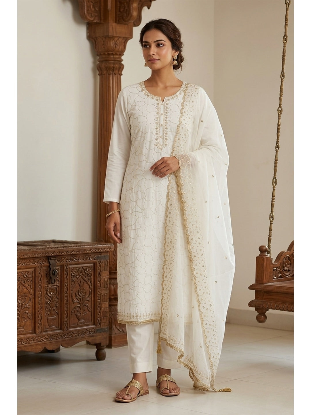 Peachmode Off White Jam Cotton Dress Material with Embroidered Dupatta - Image 2