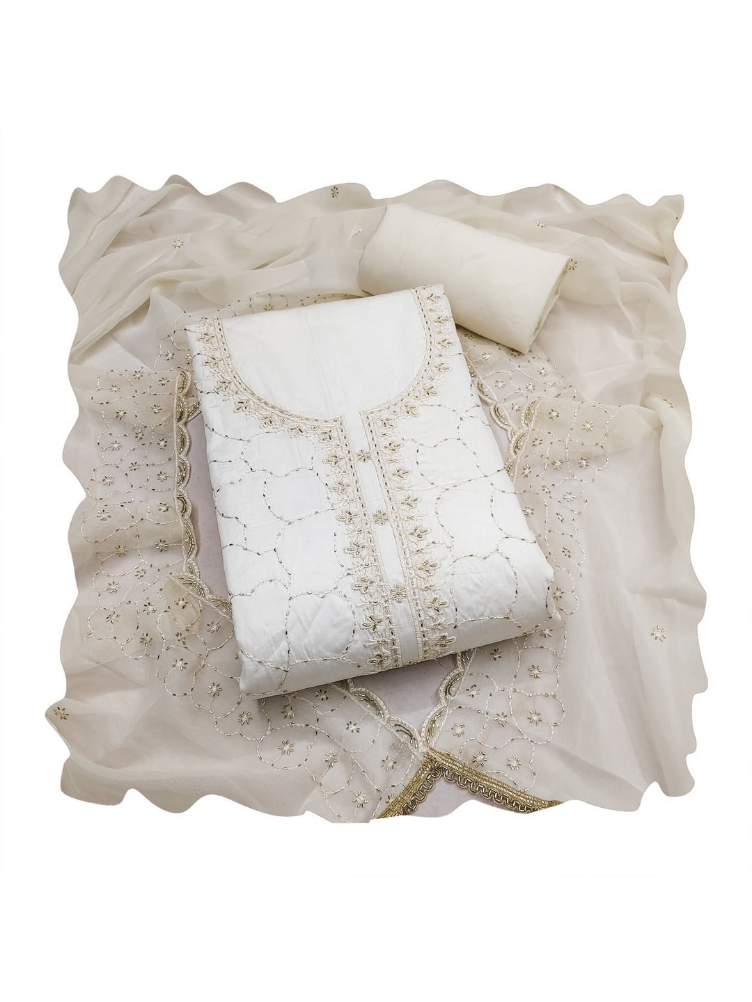 Peachmode Off White Jam Cotton Dress Material with Embroidered Dupatta - Image 2